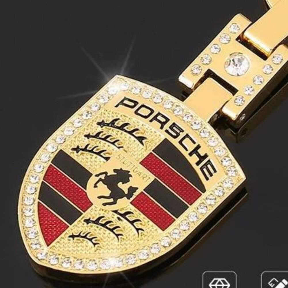 PORSCHE STUTTGART HOTROD Metal Crest KeyRing Key Chain Golden Pendant Keyholder